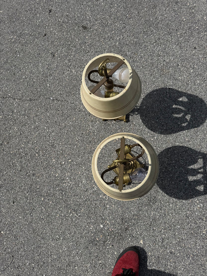 Vintage pair french country brass lamps with original tole painted shades