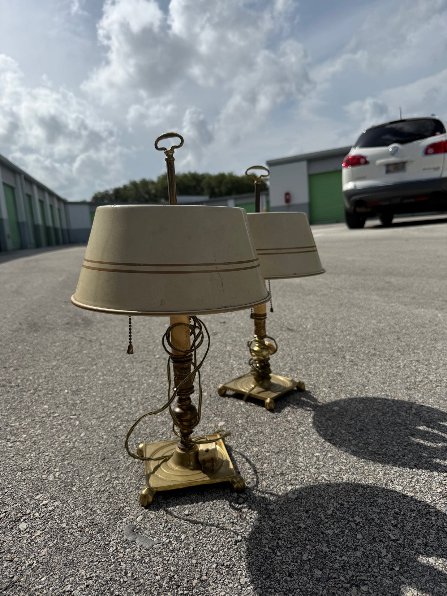 Vintage pair french country brass lamps with original tole painted shades