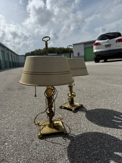 Vintage pair french country brass lamps with original tole painted shades