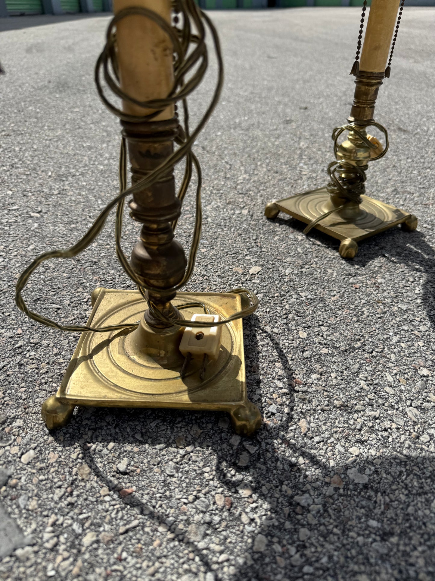 Vintage pair french country brass lamps with original tole painted shades