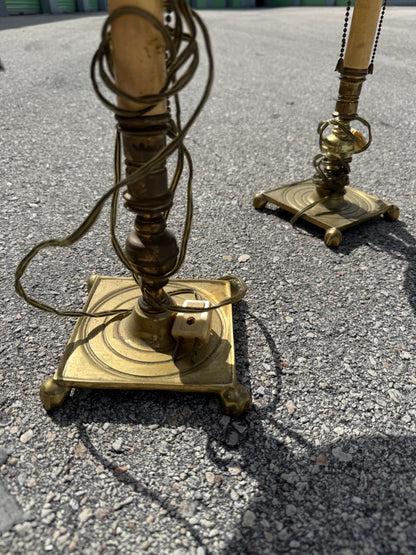 Vintage pair french country brass lamps with original tole painted shades