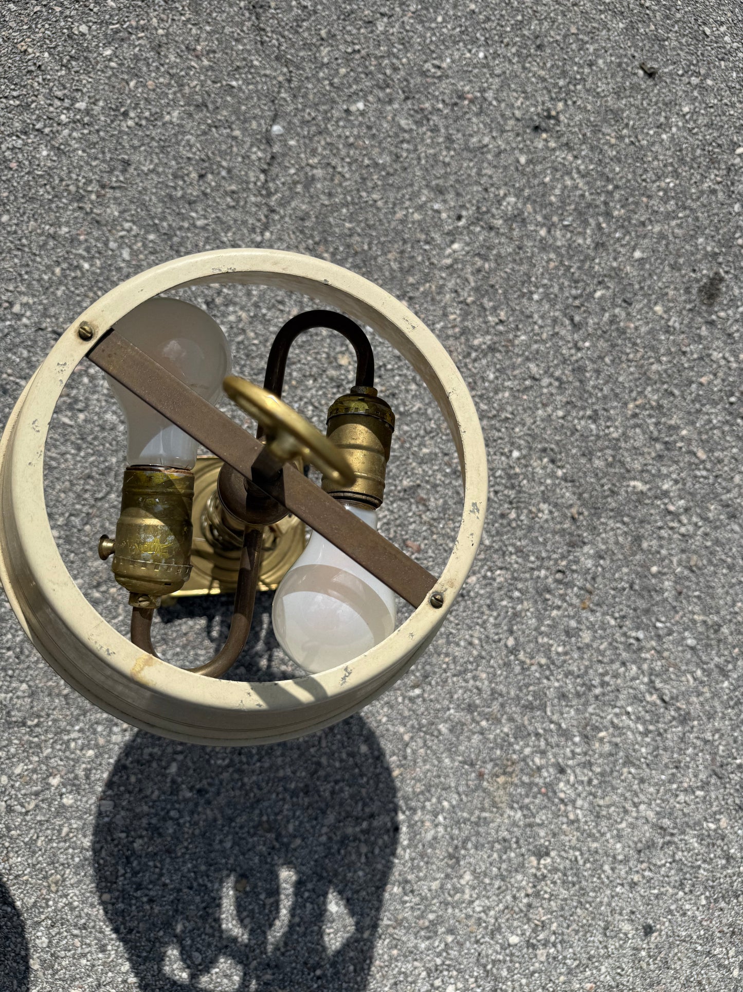 Vintage pair french country brass lamps with original tole painted shades
