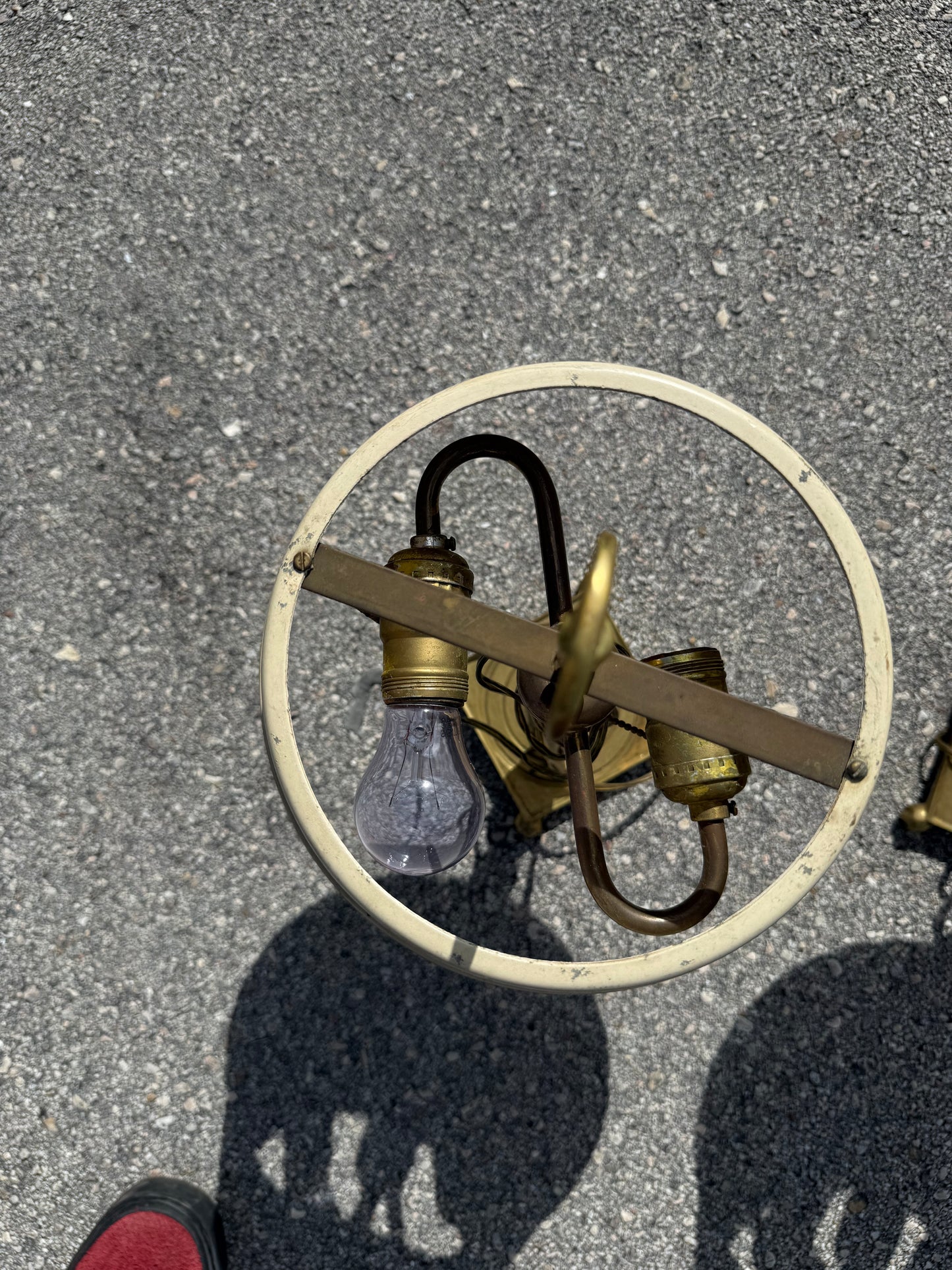 Vintage pair french country brass lamps with original tole painted shades