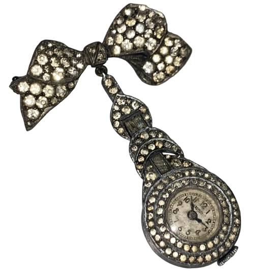 1930s lapel watch pin with bow and rhinestones