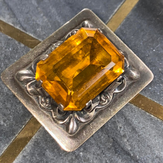 signed mexican sterling silver pin with yellow stone