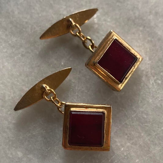 vintage cuff links with red stone gold tone