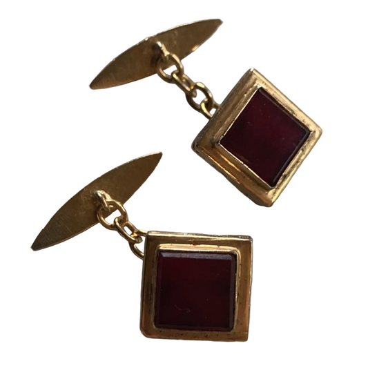 vintage cuff links with red stone gold tone