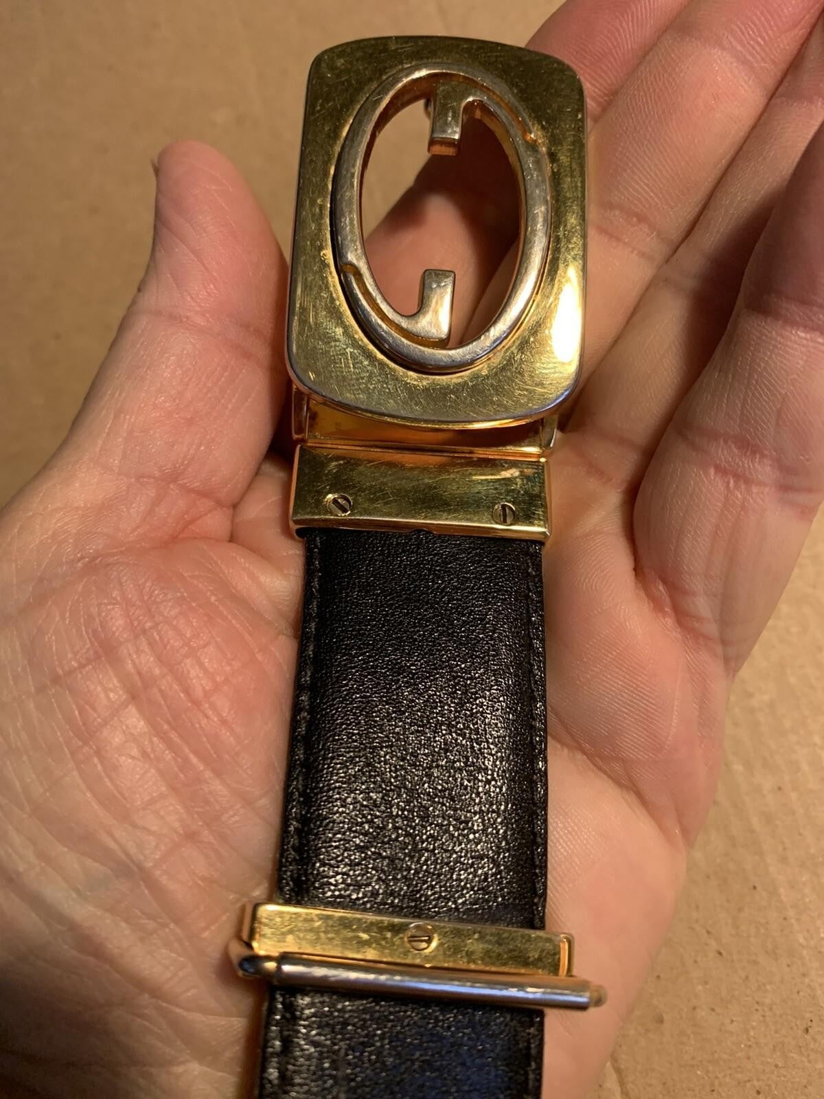 Vintage Woman’s Gucci Belt Brown Gold GG Logo Buckle 22”-27”