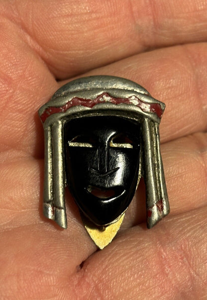 Vintage 1930s Black Bakelite & Metal Dress Clip Egyptian Face Art Deco 1“ Long