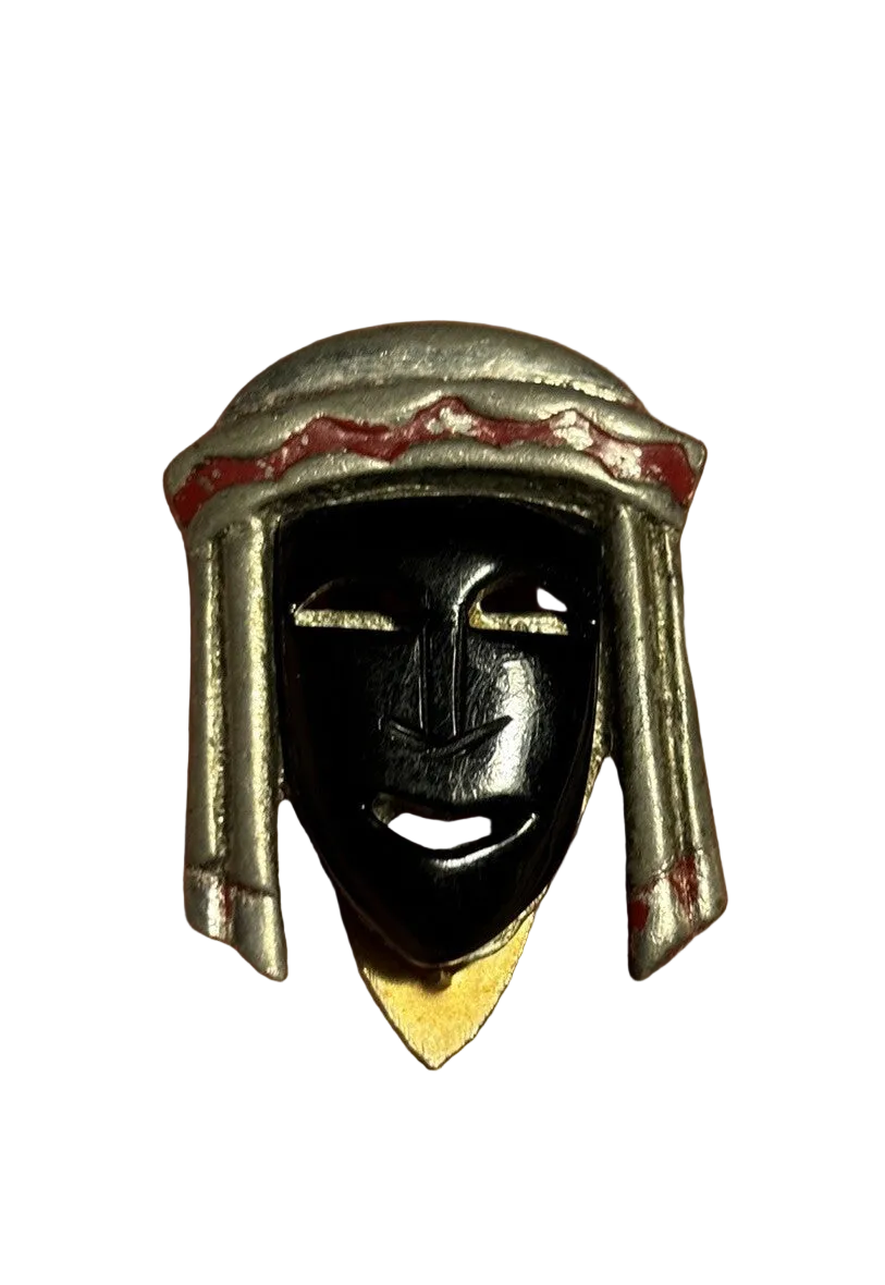 Vintage 1930s Black Bakelite & Metal Dress Clip Egyptian Face Art Deco 1“ Long