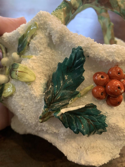 19th Century Textured Majolica Holly Berry Basket Christmas 6 1/2“ long