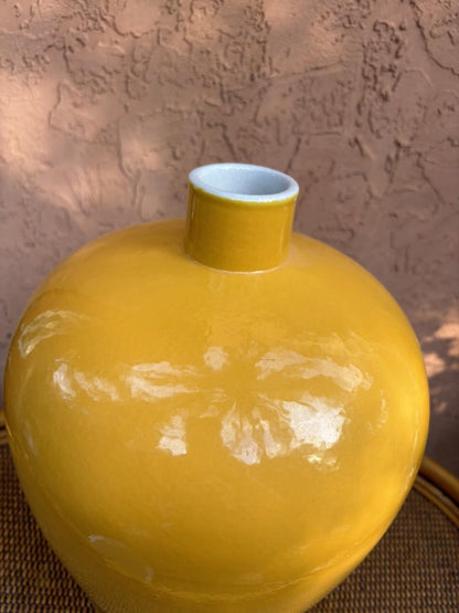 19” Vintage Chinese Vase Egg Yolk Yellow Glaze Apocryphal Blue 6 Character Mark