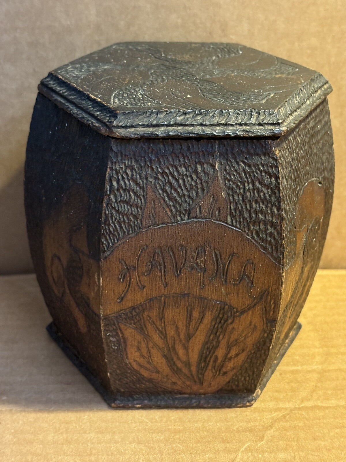 Antique 1908 Pyrography Tobacco Box Havana Cigars 6“ Signed Dated