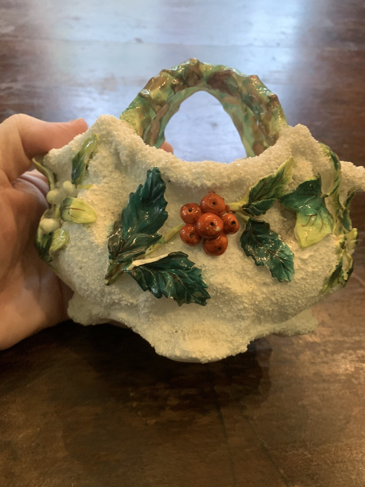 19th Century Textured Majolica Holly Berry Basket Christmas 6 1/2“ long