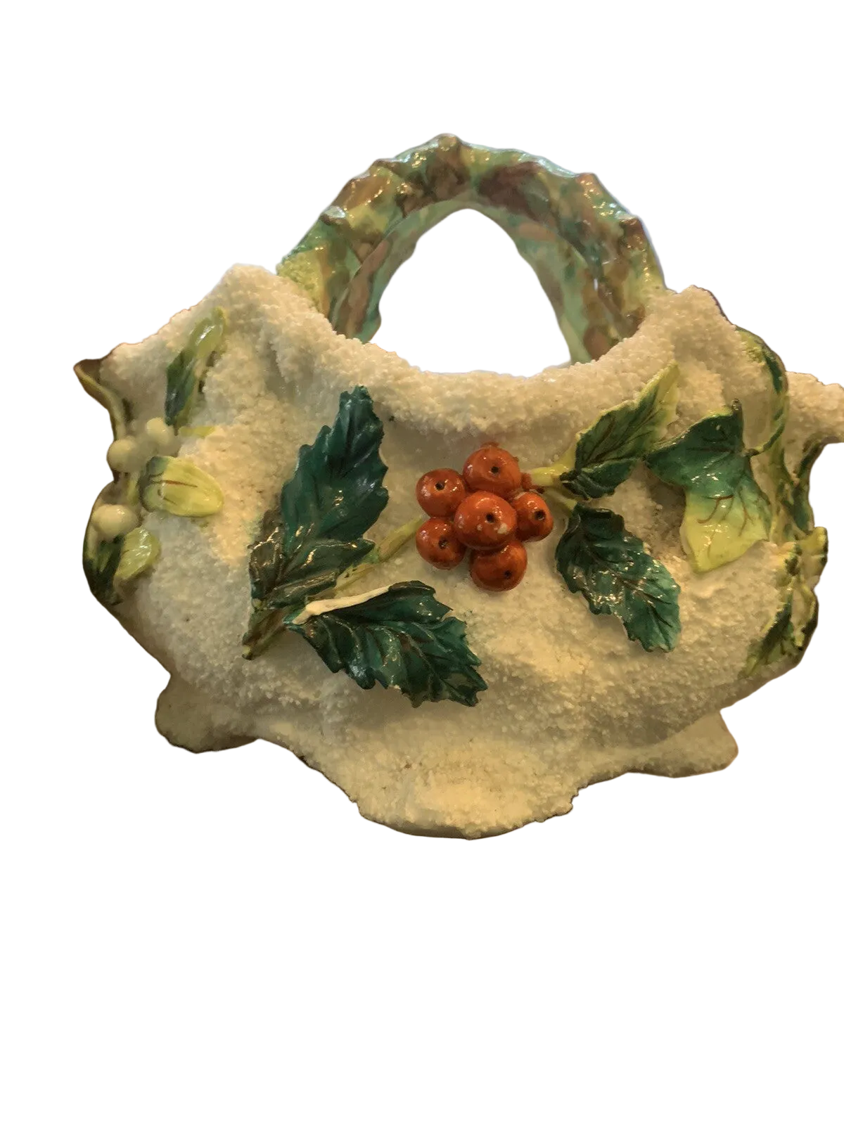 19th Century Textured Majolica Holly Berry Basket Christmas 6 1/2“ long
