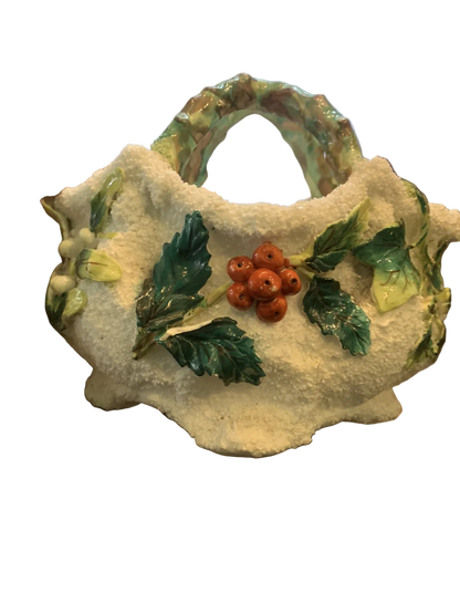 19th Century Textured Majolica Holly Berry Basket Christmas 6 1/2“ long