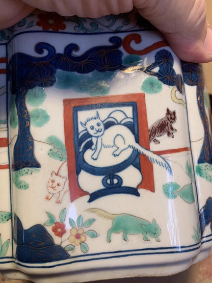 Vntg Chinese Porcelain Lobed Hexagonal Box Apocryphal Wanli Reign Mark Ming Cat