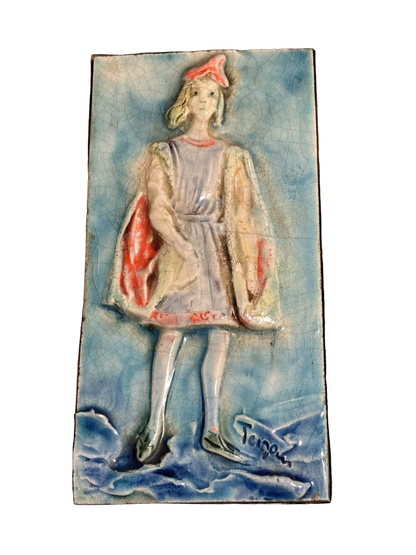Vintage 1960s Framed Art Pottery Tile Signed 10.5“ by 7“ Renaissance Garbed Man