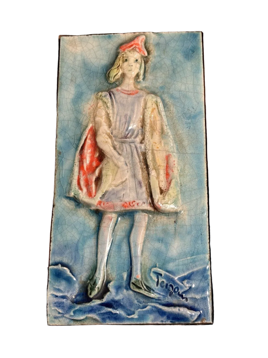 Vintage 1960s Framed Art Pottery Tile Signed 10.5“ by 7“ Renaissance Garbed Man