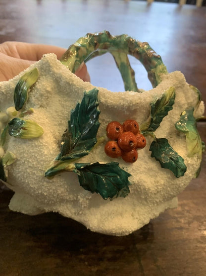 19th Century Textured Majolica Holly Berry Basket Christmas 6 1/2“ long