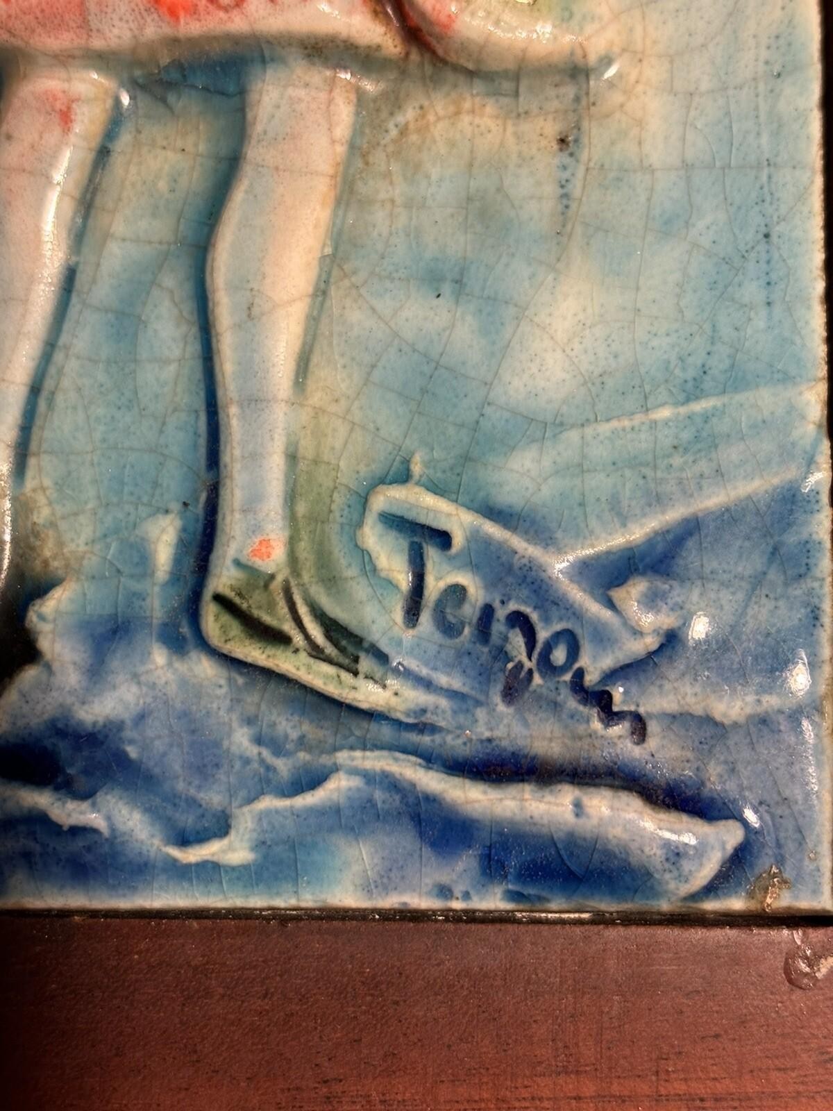 Vintage 1960s Framed Art Pottery Tile Signed 10.5“ by 7“ Renaissance Garbed Man