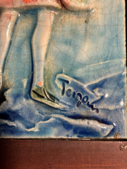 Vintage 1960s Framed Art Pottery Tile Signed 10.5“ by 7“ Renaissance Garbed Man