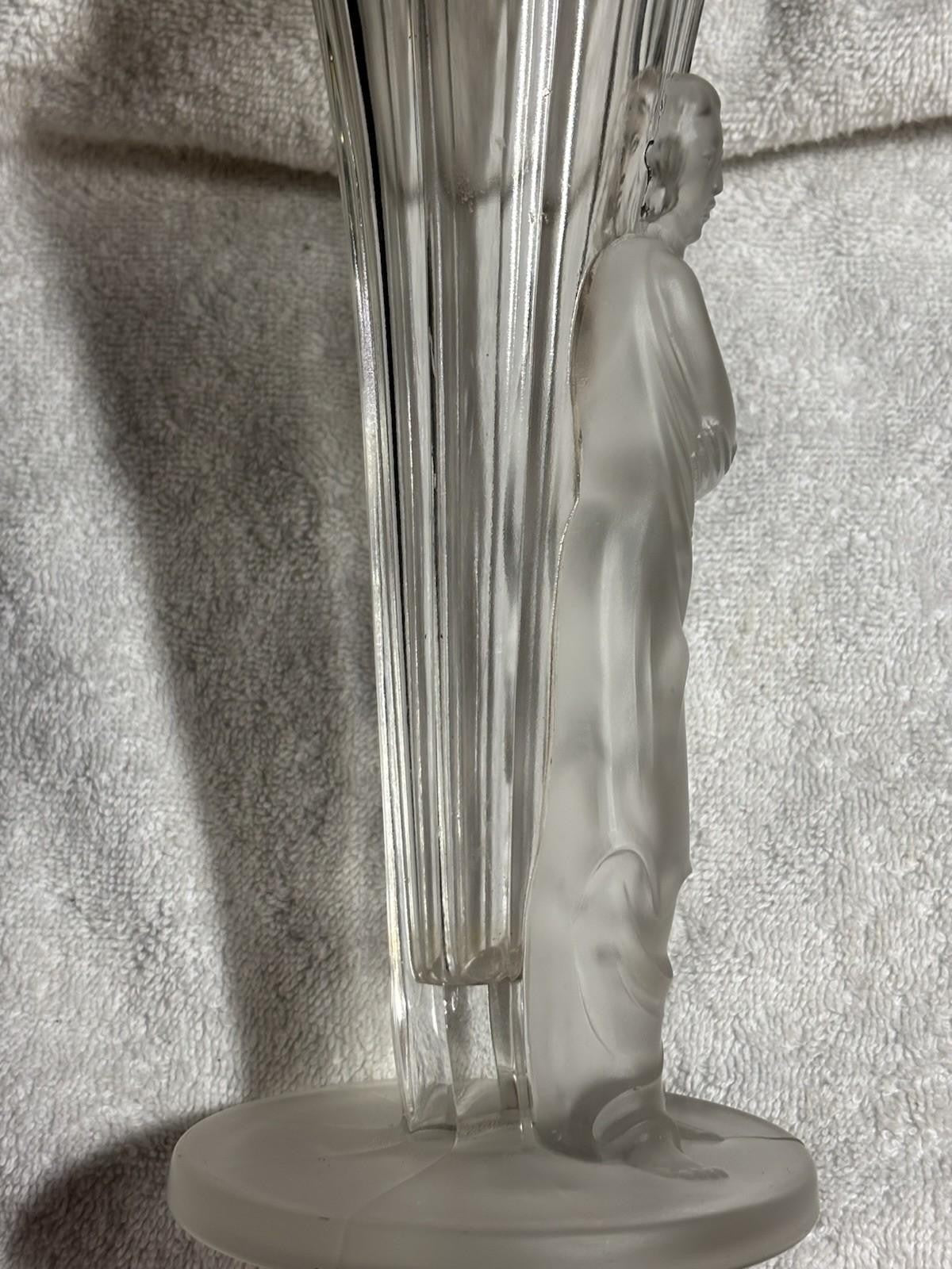 Vintage Art Deco Czech Frosted Glass Exotic Lady Vase 9.75” Tall