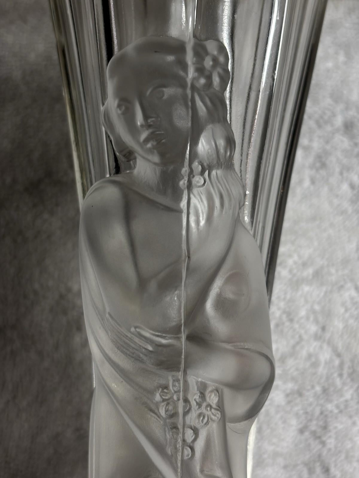 Vintage Art Deco Czech Frosted Glass Exotic Lady Vase 9.75” Tall