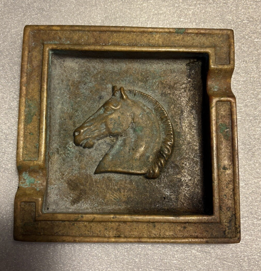 Heavy Vintage Bronze / Brass Horse Ashtray 4.75“ Square