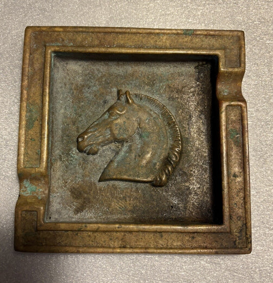 Heavy Vintage Bronze / Brass Horse Ashtray 4.75“ Square