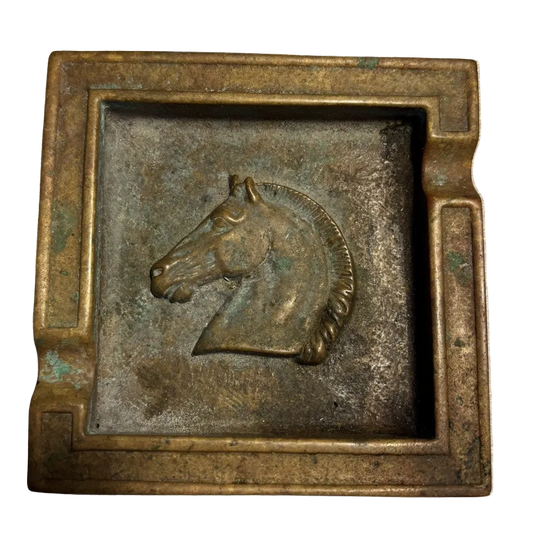 Heavy Vintage Bronze / Brass Horse Ashtray 4.75“ Square