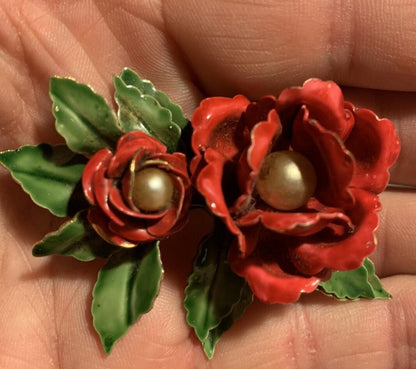 Vintage Original by Robert enamel flower / Rose brooch signed 2 1/2” Long