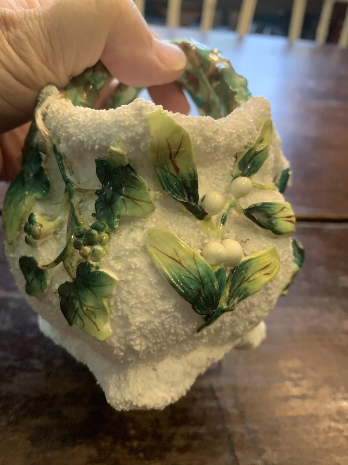 19th Century Textured Majolica Holly Berry Basket Christmas 6 1/2“ long