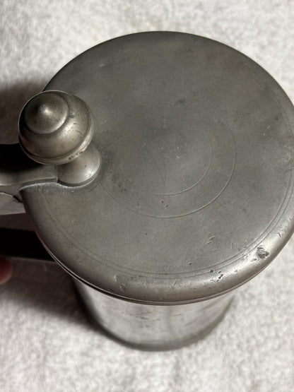 Antique 1816 Pewter Lidded Tankard w/ Makers Mark 8.25” Tall