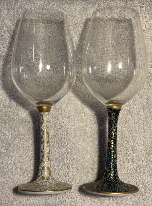 Vntg Pair of Spiegelau Glass Germany  / Kutani-Yaki Porcelain Japan Wine Glasses