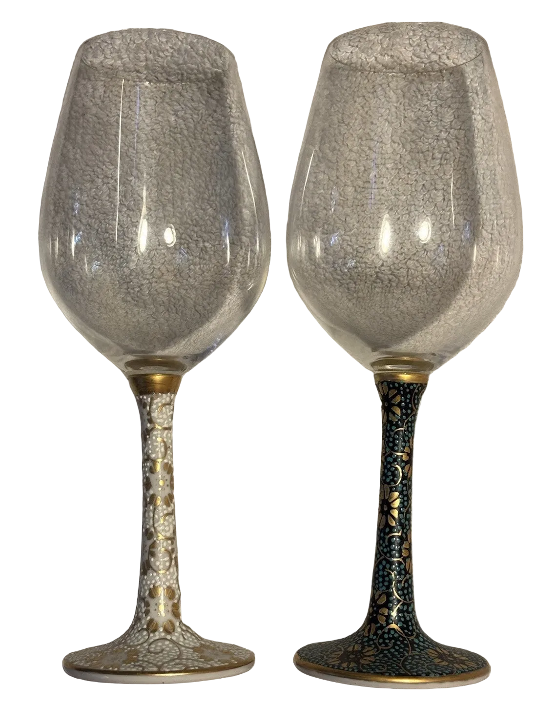 Vntg Pair of Spiegelau Glass Germany  / Kutani-Yaki Porcelain Japan Wine Glasses