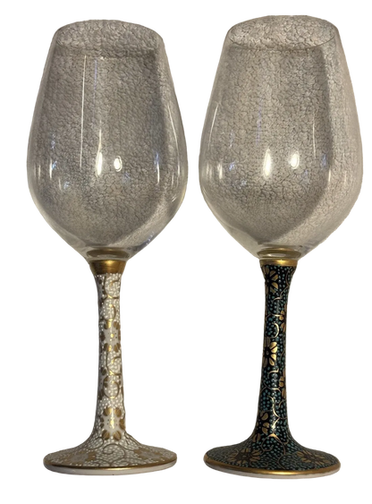 Vntg Pair of Spiegelau Glass Germany  / Kutani-Yaki Porcelain Japan Wine Glasses