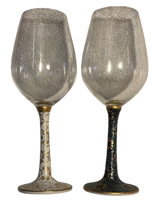 Vntg Pair of Spiegelau Glass Germany  / Kutani-Yaki Porcelain Japan Wine Glasses