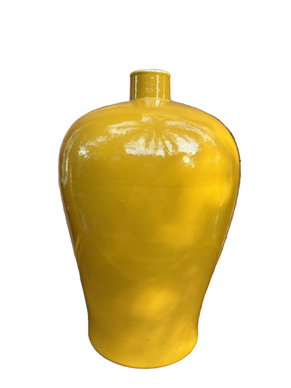 19” Vintage Chinese Vase Egg Yolk Yellow Glaze Apocryphal Blue 6 Character Mark