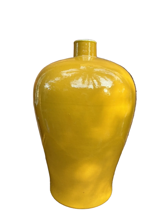 19” Vintage Chinese Vase Egg Yolk Yellow Glaze Apocryphal Blue 6 Character Mark