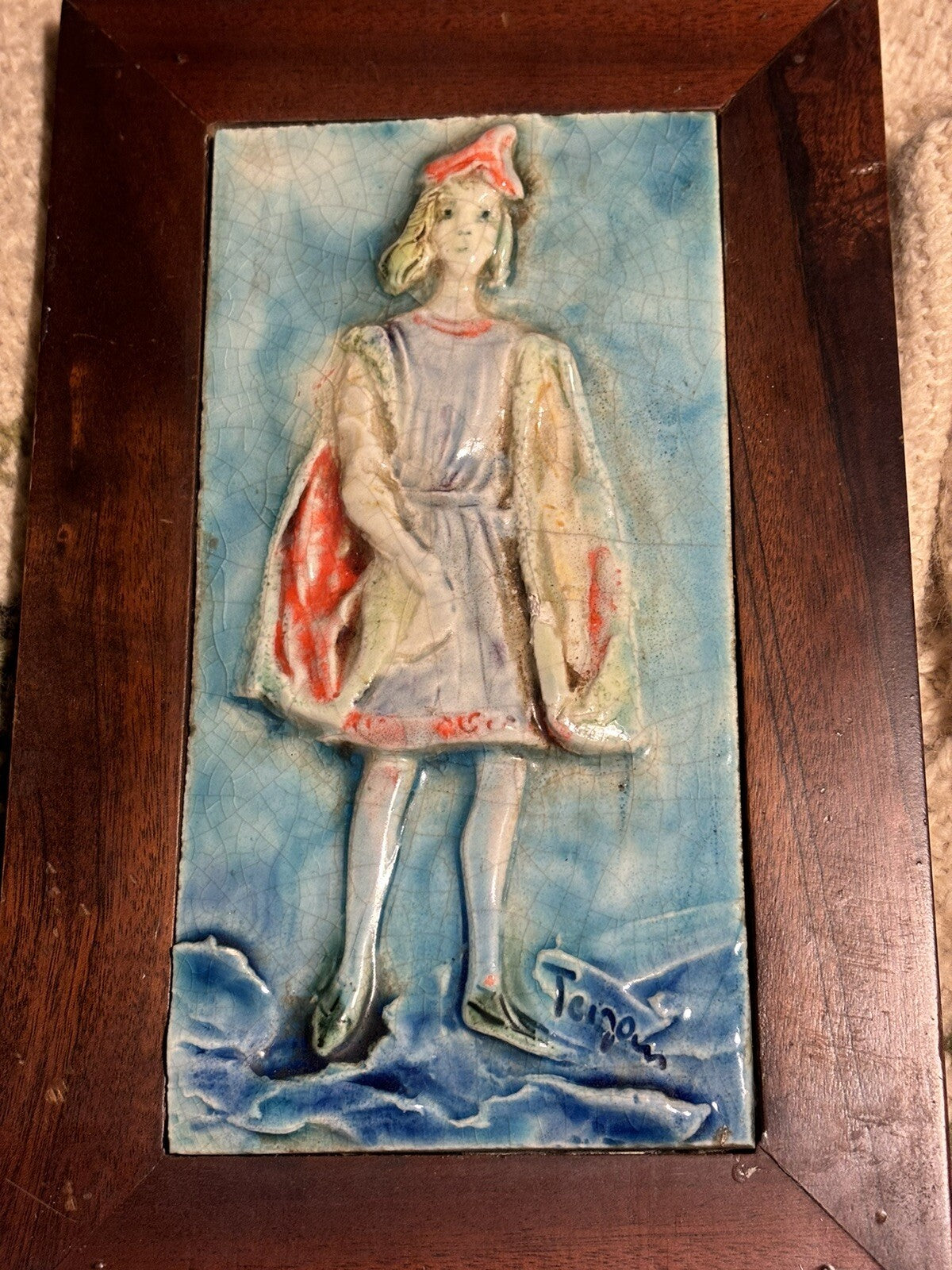 Vintage 1960s Framed Art Pottery Tile Signed 10.5“ by 7“ Renaissance Garbed Man
