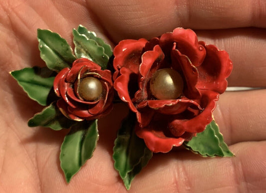 Vintage Original by Robert enamel flower / Rose brooch signed 2 1/2” Long