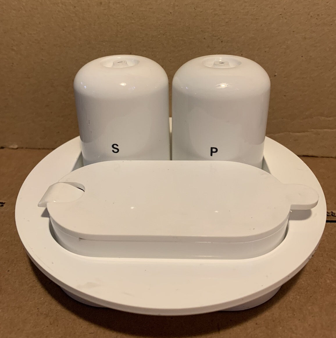 Vintage Ambrogio Pozzi for Guzzini Salt Pepper Mustard Pot Set with Tray Italy