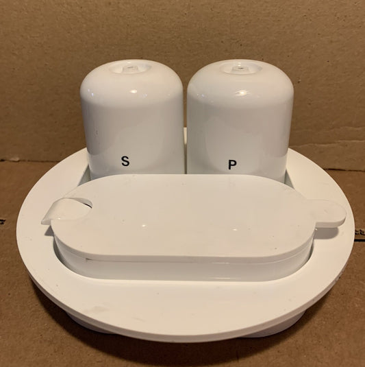 Vintage Ambrogio Pozzi for Guzzini Salt Pepper Mustard Pot Set with Tray Italy