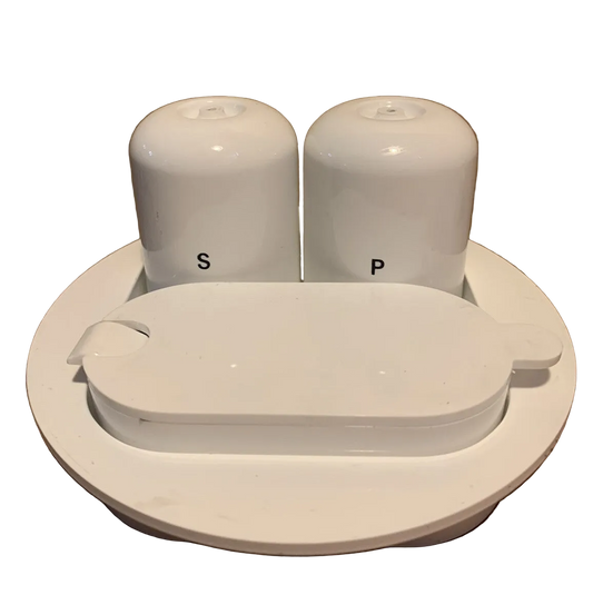 Vintage Ambrogio Pozzi for Guzzini Salt Pepper Mustard Pot Set with Tray Italy