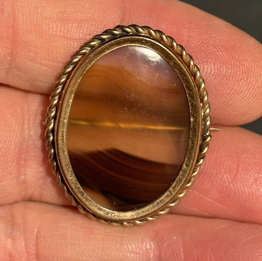 19th Century Victorian Translucent Banded Agate Gold Filled Brooch C Clasp