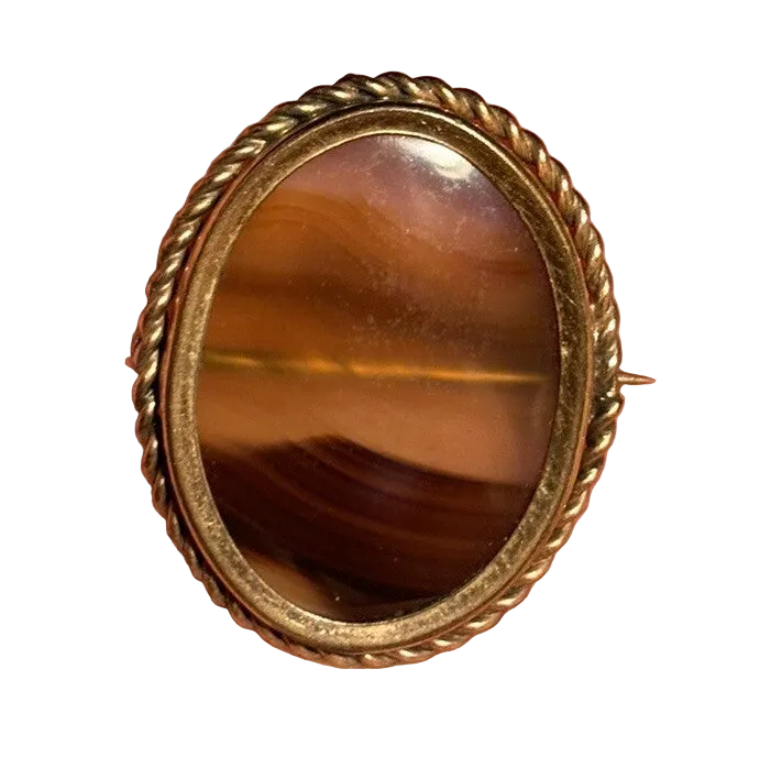 19th Century Victorian Translucent Banded Agate Gold Filled Brooch C Clasp