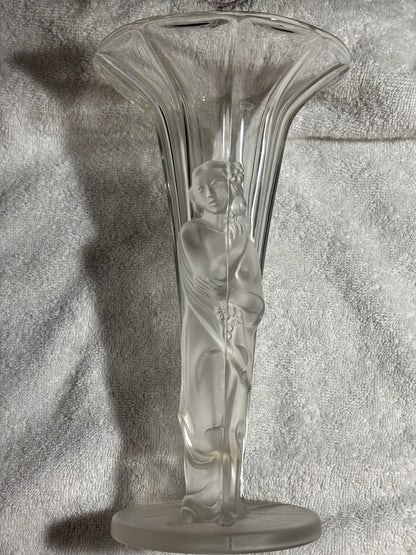 Vintage Art Deco Czech Frosted Glass Exotic Lady Vase 9.75” Tall