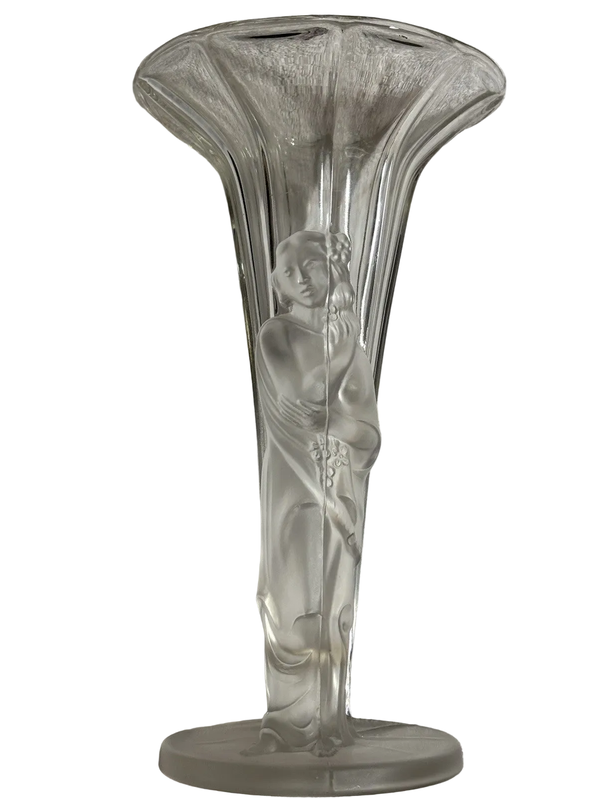 Vintage Art Deco Czech Frosted Glass Exotic Lady Vase 9.75” Tall
