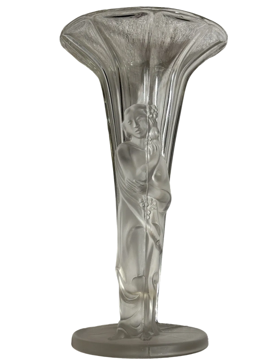 Vintage Art Deco Czech Frosted Glass Exotic Lady Vase 9.75” Tall